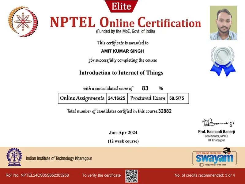 Amit Kumar Singh – IoT Certification – IIT Kharagpur (NPTEL)