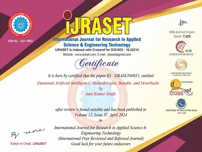 Amit Kumar Singh – Research Paper Published in IJRASET on Emotional AI