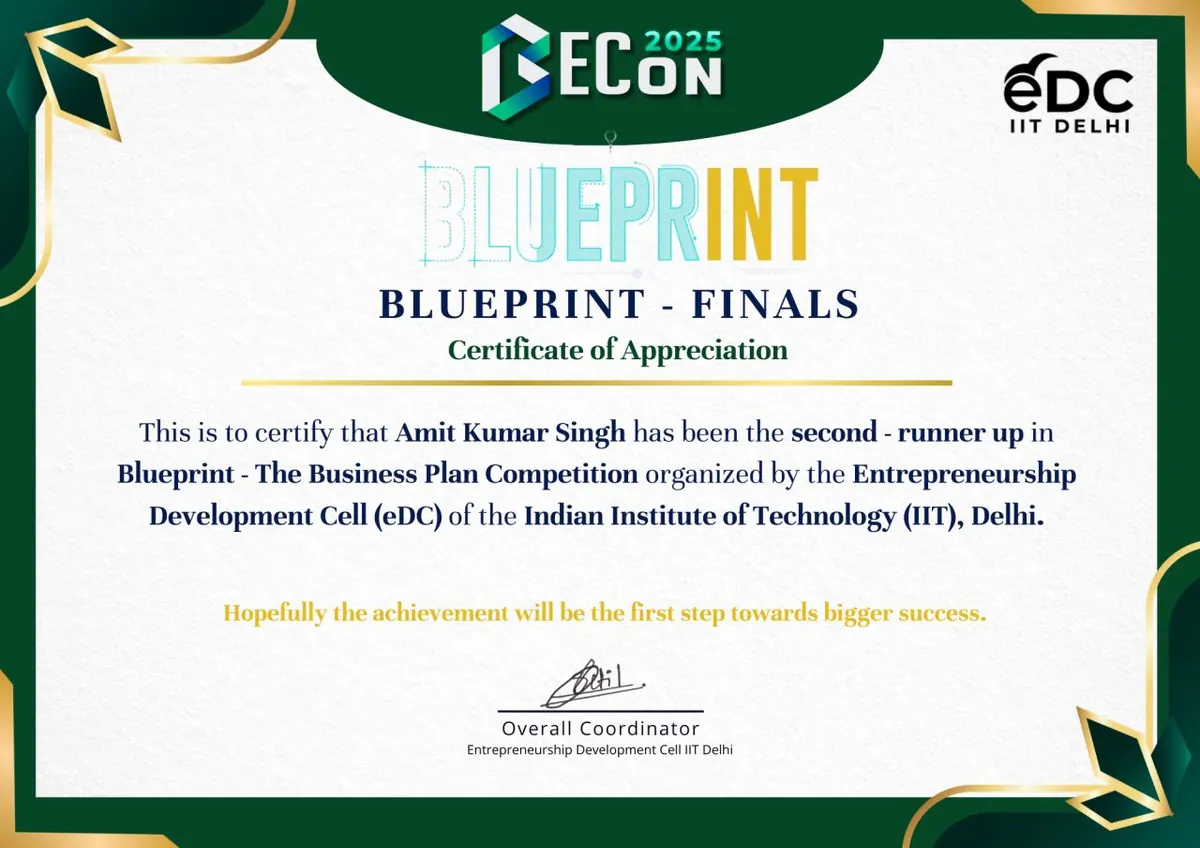 Amit Kumar Singh – Second runner-up – Blueprint Business Plan Competition, E-Con 2025, IIT Delhi
