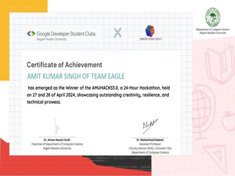 Amit Kumar Singh – Winner – AMUHACK 3.0, Aligarh Muslim University