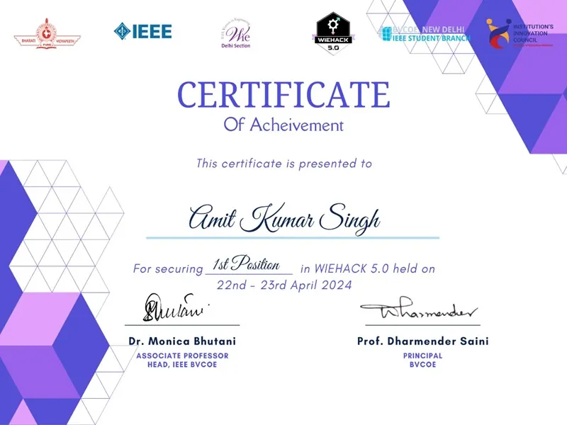 Amit Kumar Singh – Winner – WIEHACK 5.0 International 36-Hour Hackathon
