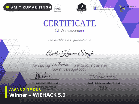 Amit Kumar Singh hackathon wins – WIEHACK 5.0, Bit N Build, AMUHACK 3.0, IONIX 2024 and more